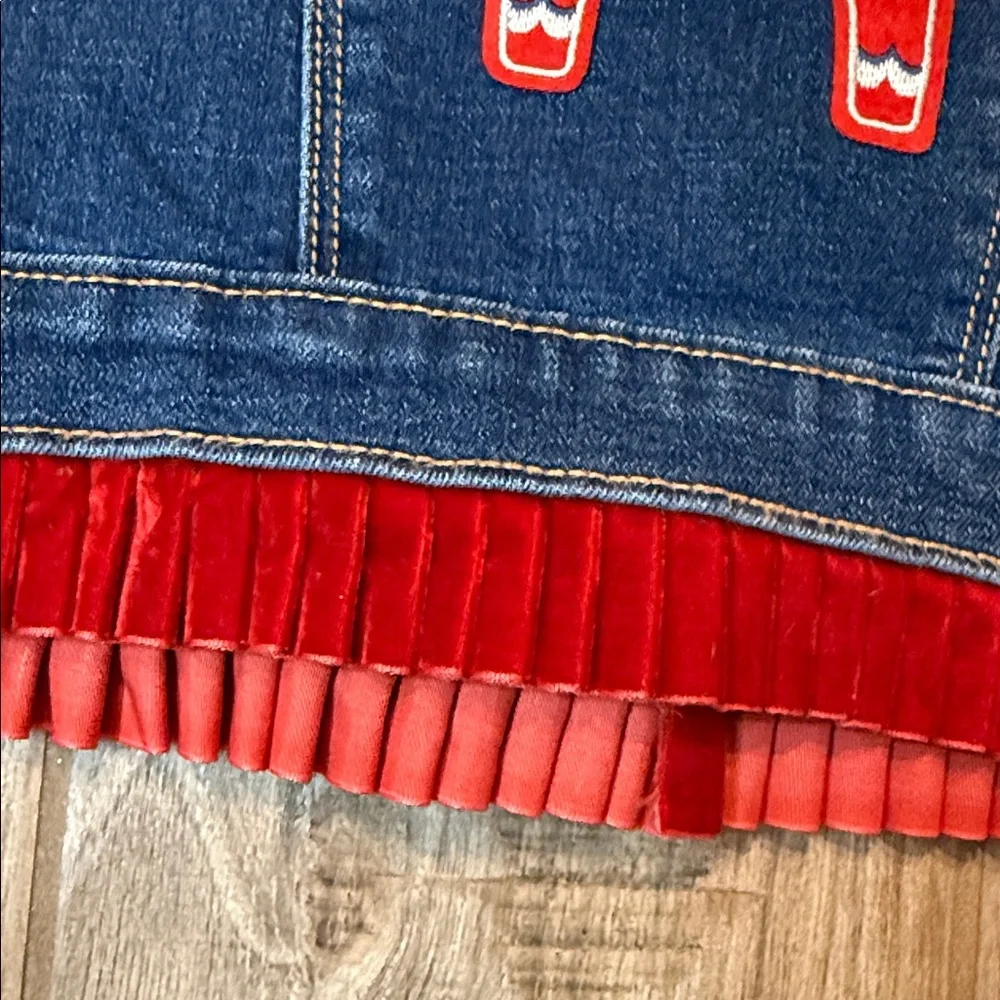 Urban Charlee Girls‎ Denim Jacket w/Red Velour Ruffle Hem & Horse Embroidery